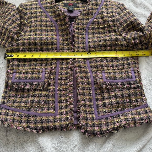 True Meaning Purple-Trim Bouclé Tweed Jacket Size L Open Front Fringe Trim‎ - Picture 4 of 8